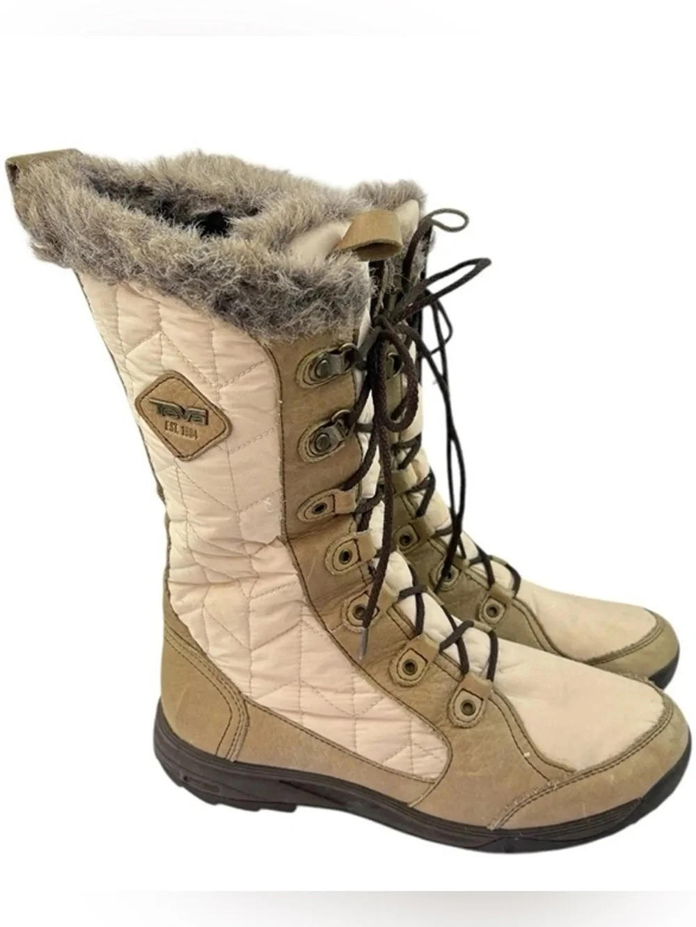 Teva Lenwee Tan and Cream Quilted Lace-Up Winter Boots with Faux Fur Cuff